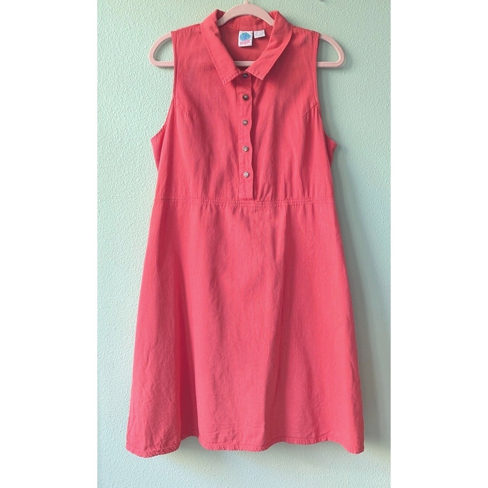 Vintage 90s WEK Woman Coral Pink Cotton Sleeveless Button Front Dress‎ XL USA